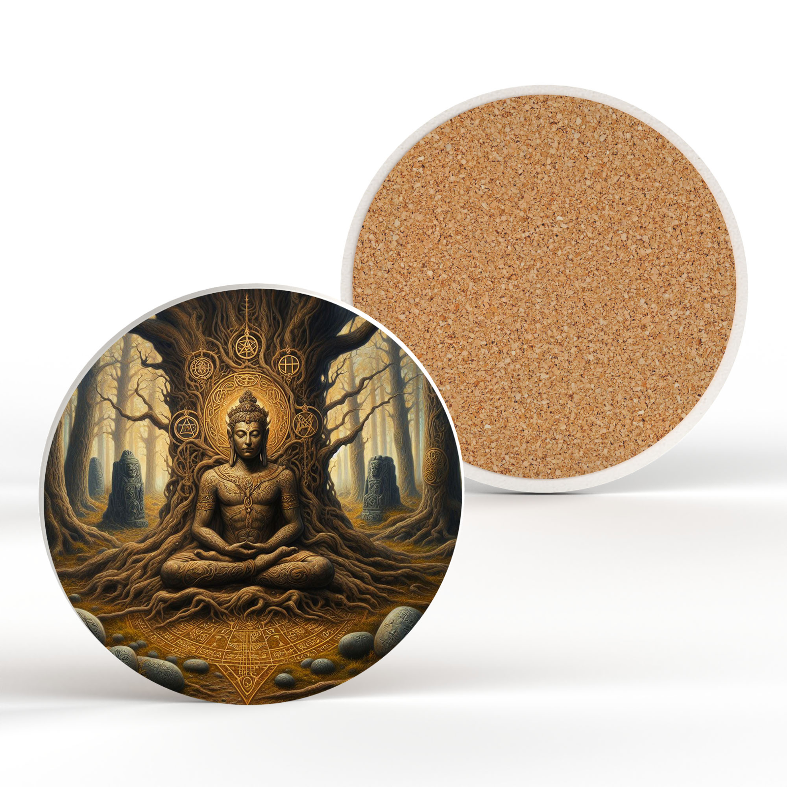 Rooted Forest Buddha Spiritual Artwork On Ceramic Round Coaster