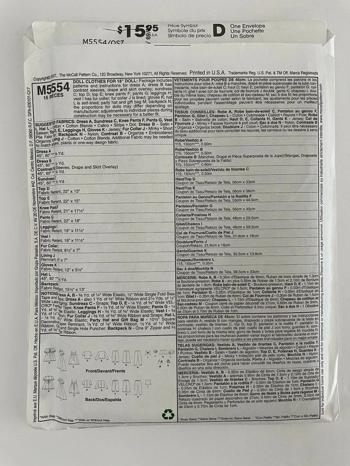 McCalls Crafts sewing pattern for American Girl Doll other 18" NEW/uncut #5554 - Image 2 of 2
