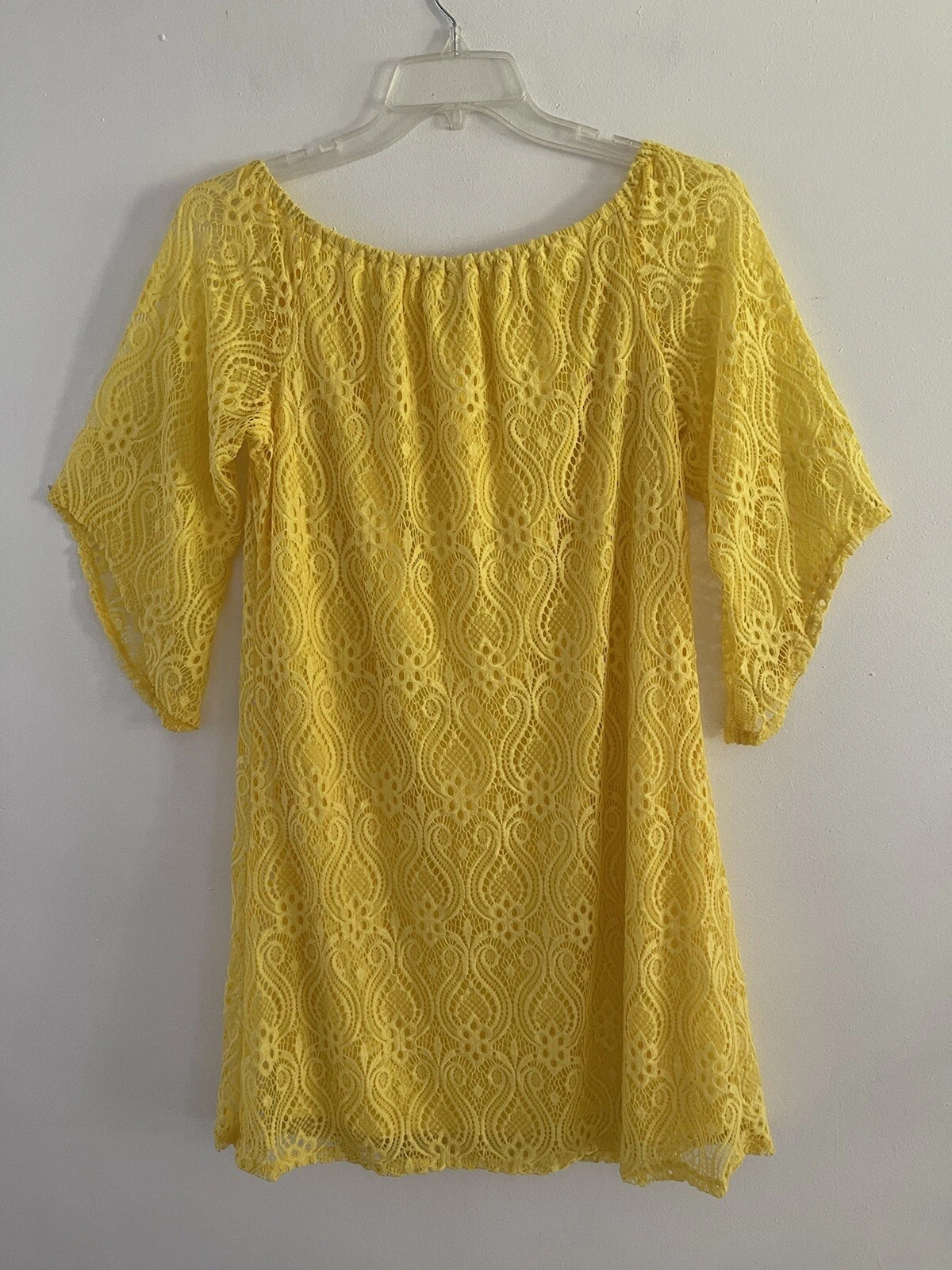 VETEMENTS Abito donna Tacera giallo maniche a campana elasticizzato pizzo overlay foderato taglia media