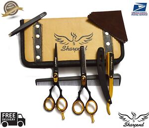 5.5&#034; New Professional Barber Hairdressing Scissors Set Gold Edition &amp; Razor Kit