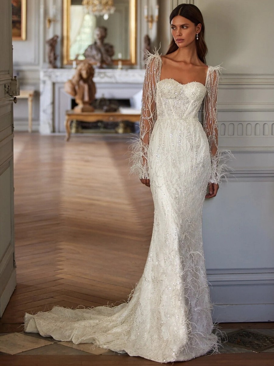 chinese dress ladies Lace Pearls Feather Sheer Mermaid Wedding Dress main image 0