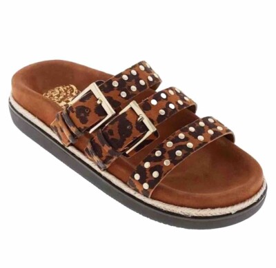 Vince Camuto Flatform Ciandra Three Strap Slide Sandals Brown Leopard Suede  M