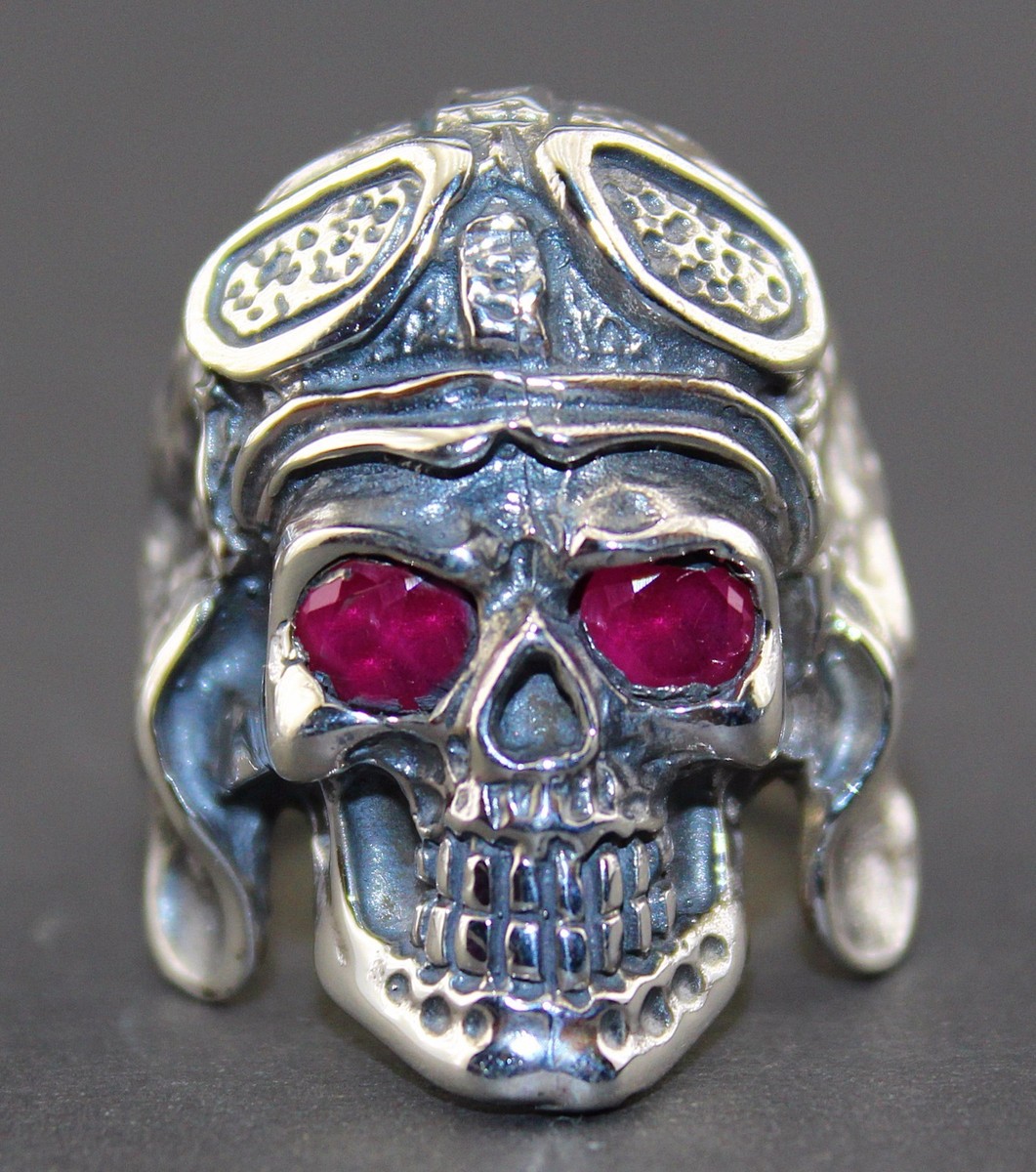 Sterling silver men's skull ring, handmade ,ruby stone