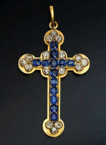 14K Yellow Gold Plated 2 CT Simulated Blue Sapphire Antique Cross Pendant Charm - Picture 2 of 4