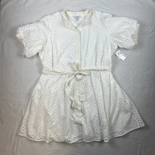 Nine West Dress 3X White Cotton Eyelet Puff Sleeve Belted Fit Flare Button Front