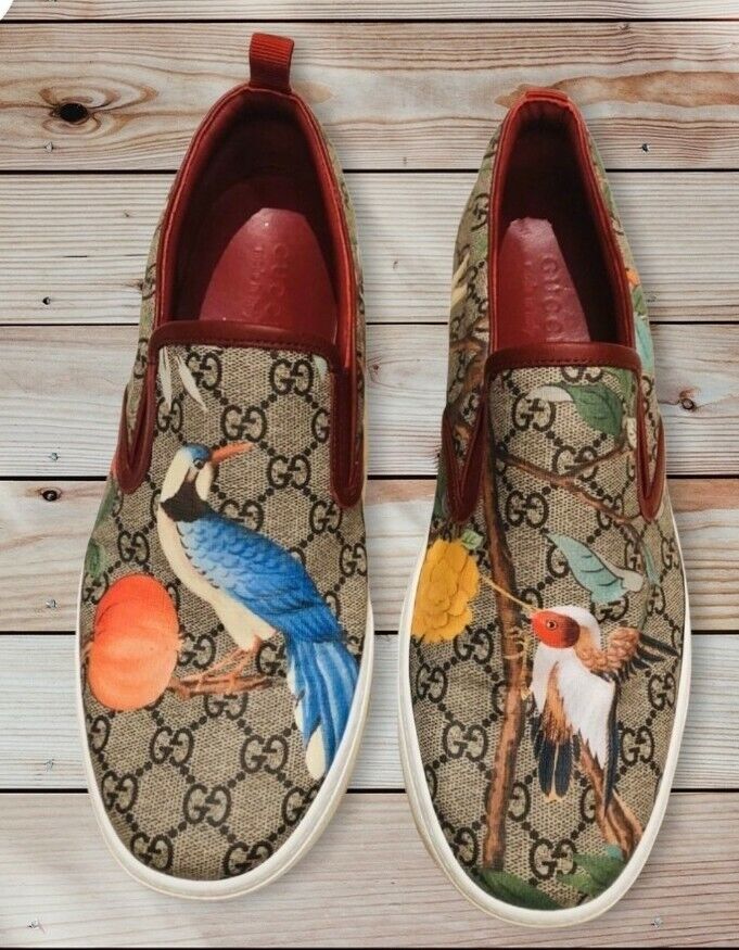 Rare Gucci Beige Men Tian Bird Print Slip On Sneakers 7.5 US