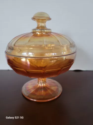 Fenton art glass # 643 Grecian gold carnival  iridescent candy dish with lid