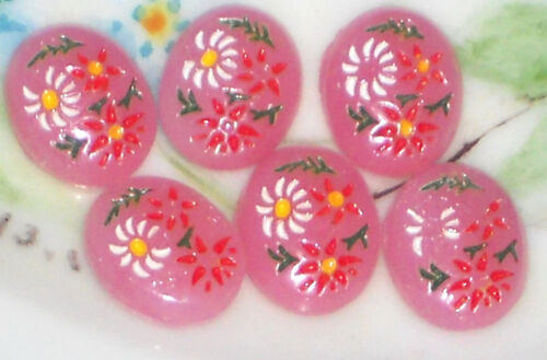 #982 Vintage Cabochons Pressed Glass Pink Floral Cabs Flowers10x8mm Intaglios - Afbeelding 1 van 5