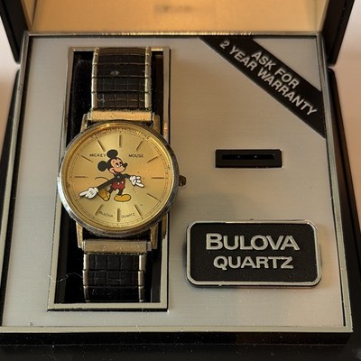 Bulova Quartz Mickey Mouse Analog Watch Gold Dial SS Bracelet Box & Manual