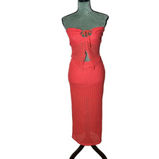 Coral Crochet 2 Piece Set Strapless Tie Front Top  Maxi Skirt Slit