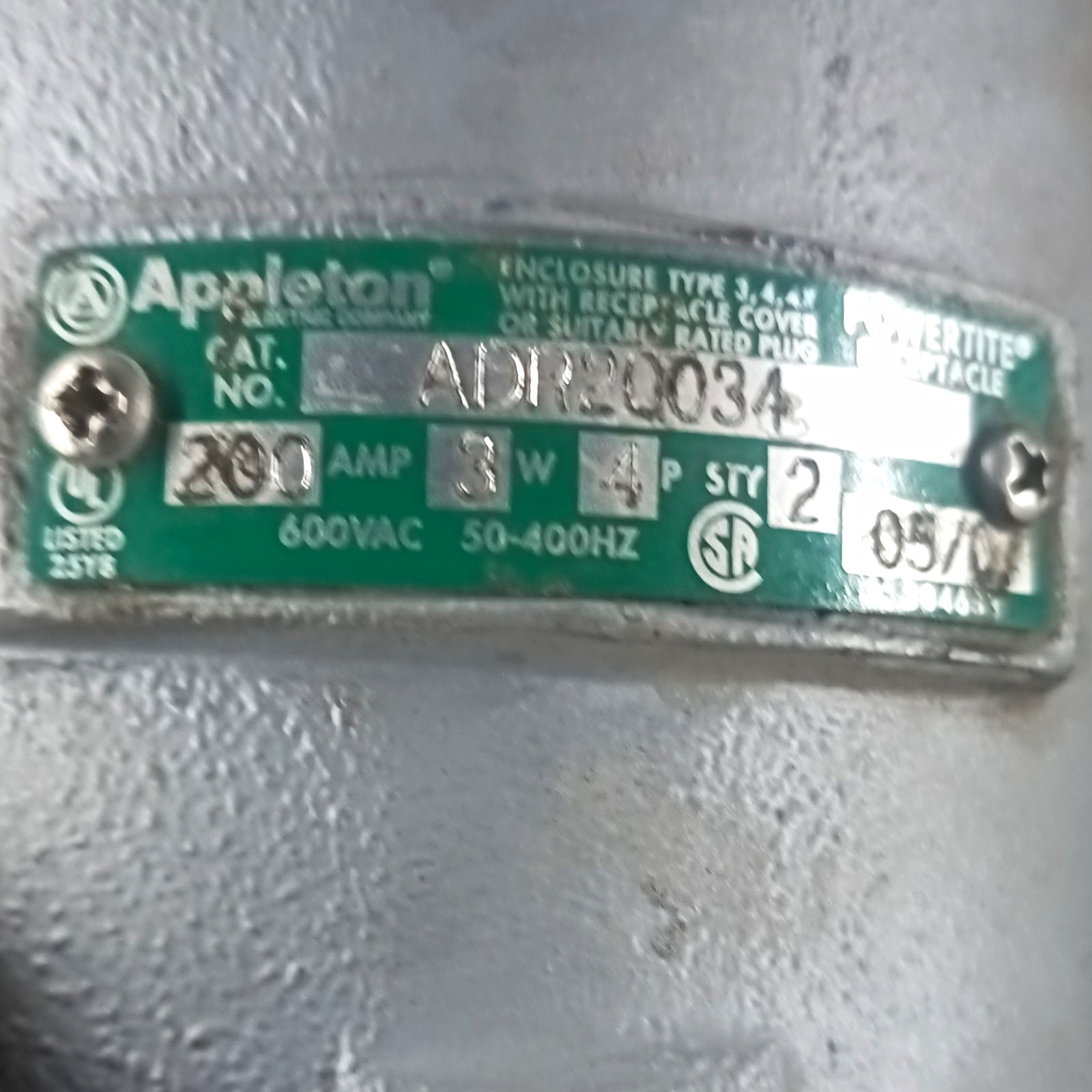 Appleton Powertite ADR3034 200A 600VAC IEC 60309 Electrical Plug Gray Metal