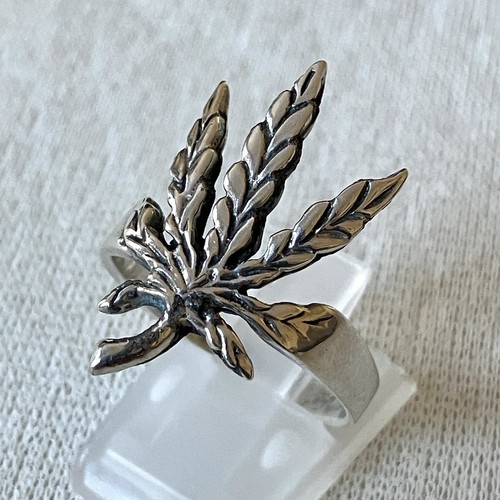 Vintage Sterling Silver 925 Ring Organic Shaped Hemp Leaf Size T Bohemian Nature