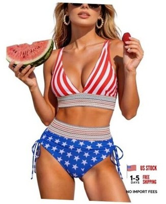 Womens High Waisted Bikini Sets Color Block Swimsuit V Neck Small America Flag