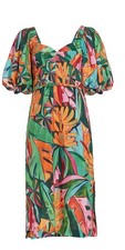 FARM RIO $245 PUFFED SLEEVE BANANA FOLIAGE MULTICOLOR MIDI DRESS SIZE S