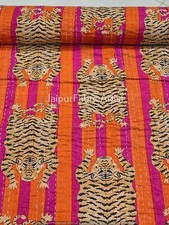 Indian Animal Tiger Print King Size Cotton Kantha Quilt Throw Blanket Bedspread