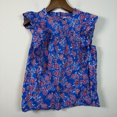Loft Blue White Asian Red Floral Fall Flutter Sleeve Blouse Large