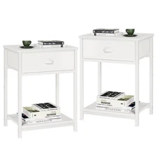 White Nightstands Set of 2, End Table with Fabric Drawer, Small Side Table fo...