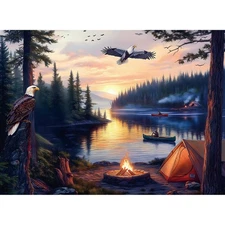 500 Piece Jigsaw Puzzle for Adults – Peaceful Lake Sunset with Eagles and Campf