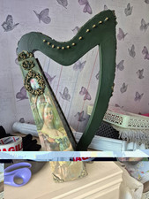 Small Lever Harp, Painted Wood, Green & Gold Decorative Artwork Design