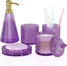 Purple Glass Bathroom Accessories Set 5 Pcs, Purple Bathroom Set, Soap Dispenser