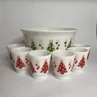 Vintage Hazel Atlas Milk Glass Holiday Set Christmas Tree Punch Bowl 6 Cups