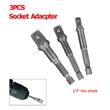 3pcs Socket Adapter Set Hex Shank to 1/4" 3/8" 1/2" Impact DRIVER GRADE Drill