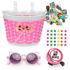 Kids Bike Basket for Girls Boys,Bicycle Basket with Bike Bell Stickers Pink