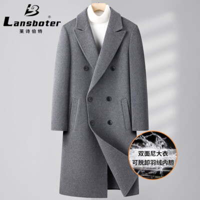 Men Wool Overcoat Double Breasted Mid Long Trench Coat Detachable
