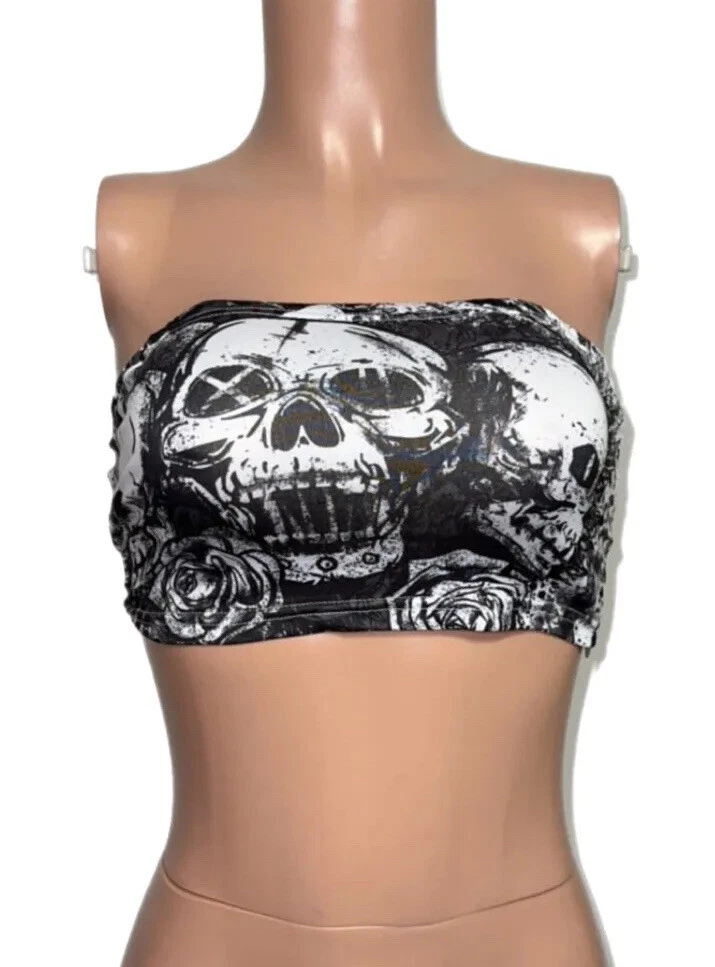 Skull Print Crop Biker Metal Goth Tube Top punk Steampunk Bandeau Layer Bra Top
