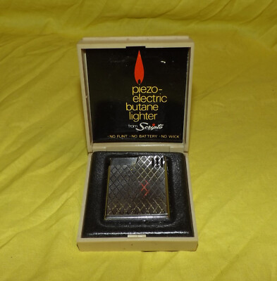   VINTAGE 1970s SCRIPTO CHROME DIAMOND PIEZO ELECTRIC BUTANE LIGHTER W/ CASE
