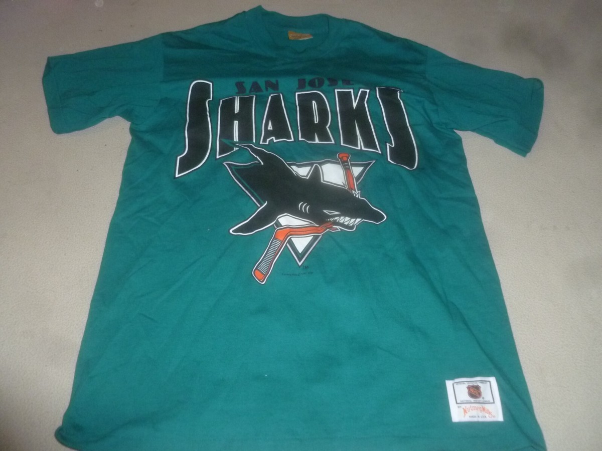 NUTMEG MILLS SAN JOSE SHARKS SHIRT BLUE SIZE MEDIUM VINTAGE MENS