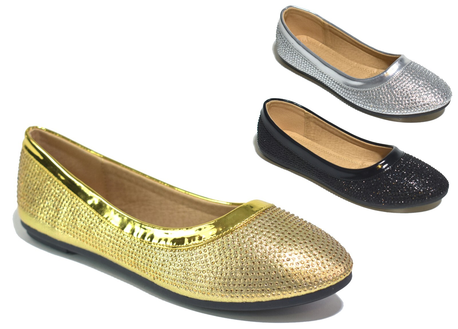 LADIES DIAMANTE BLACK SHOES WOMENS SLIP ON WEDDING GIRLS FANCY GOLD UK SIZES 3-8