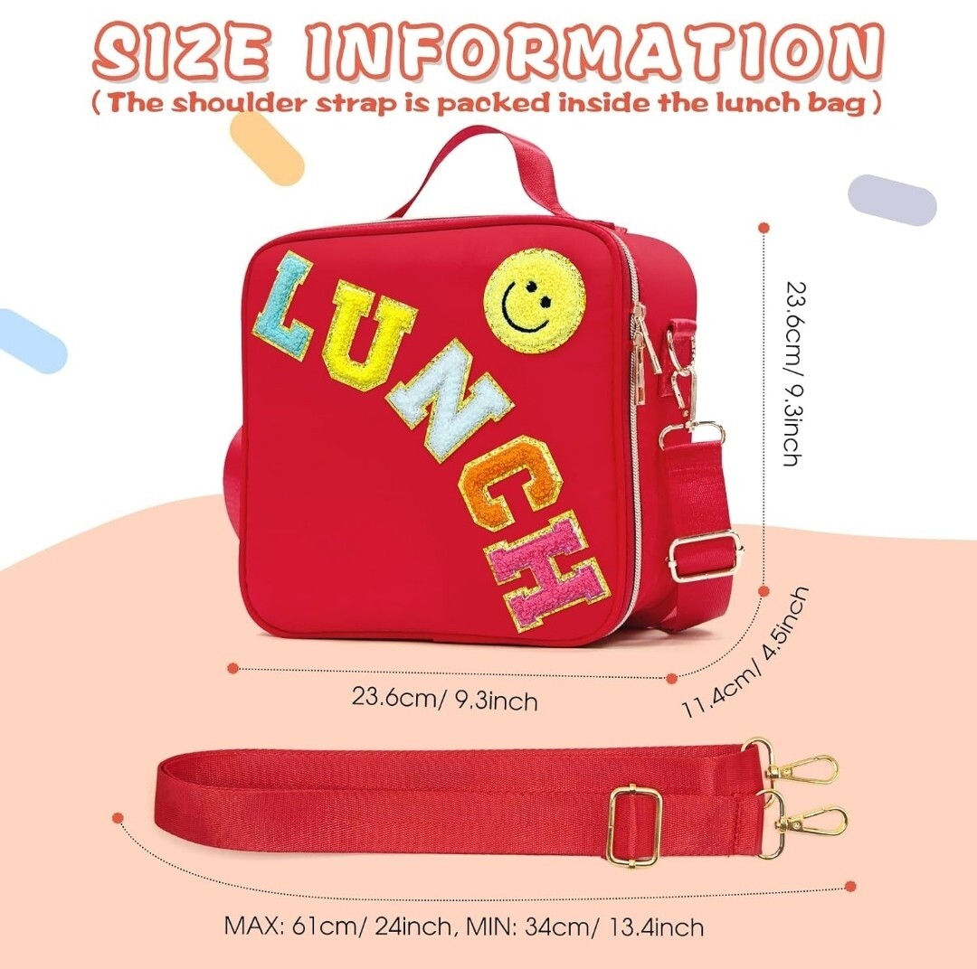 Insulated Lunch Bag with Adjustable Shoulder Strap, Cute Preppy Lunch Box Red
