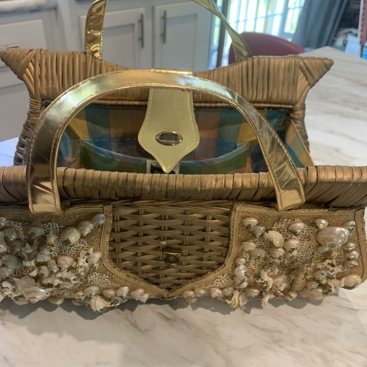 バッグ Vintage Straw World*Hialeah.Florida WICKER SEASHELL HANDBAG Styled by Straw World Hialeah