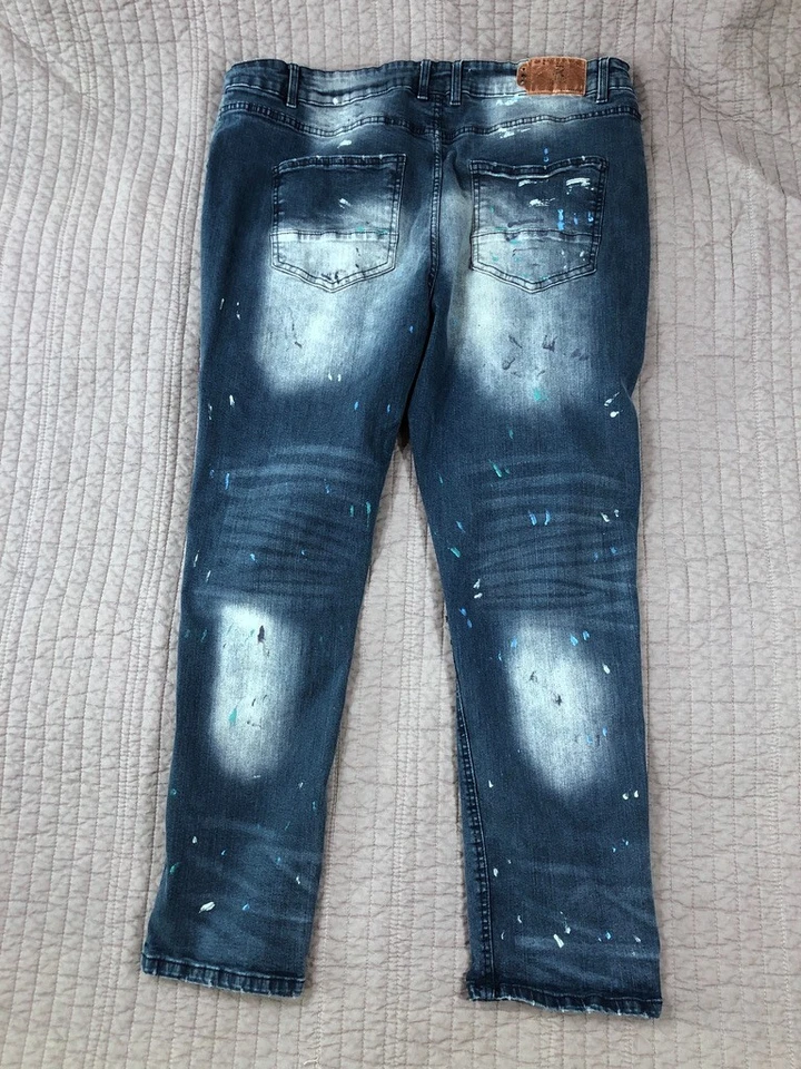 Refinery Republic Denim Design Jeans Men 42 x 30 Blue Distressed Paint Splatter - Image 2 of 4