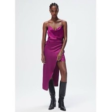 BNWT Zara Asymmetrical Magenta Satin Dress S Spaghetti Straps