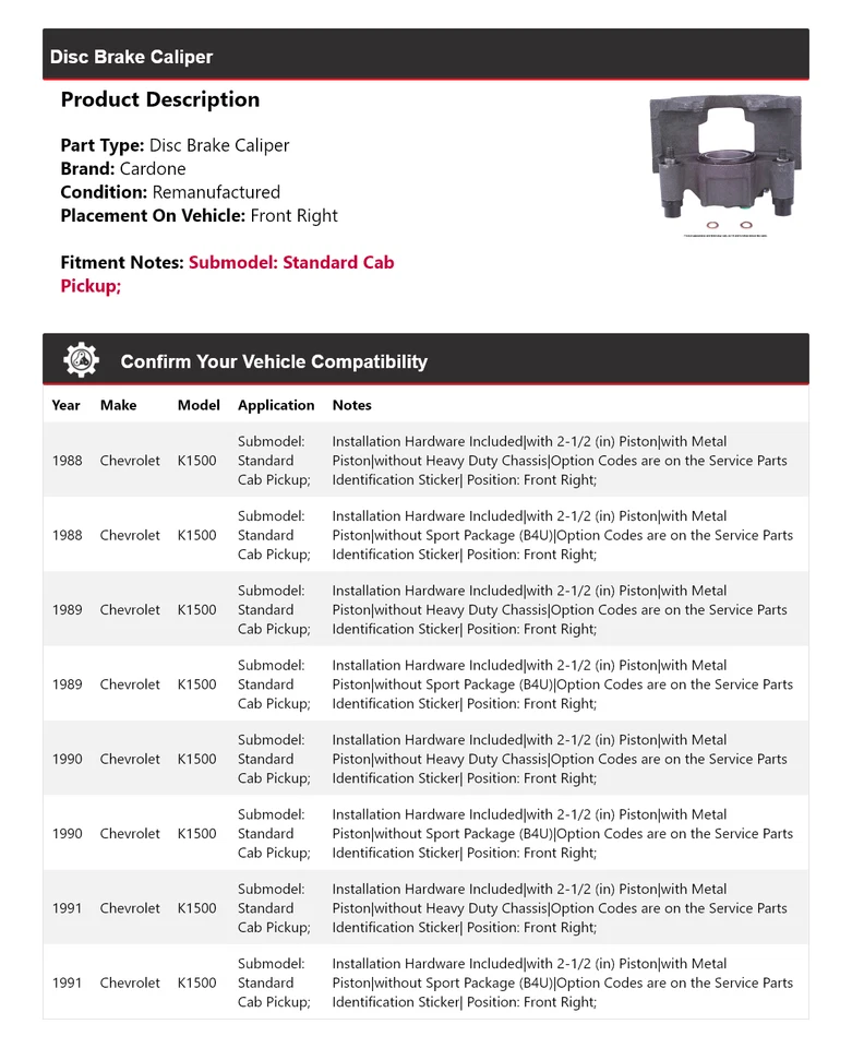 Pinza de freno para camioneta Chevrolet K1500 1988-1991 cabina estándar Fr derecha Cardone Foto 2 de 4