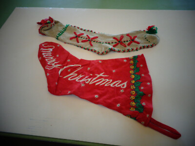 Vintage 1950s Hand Knitted & Fabic Christmas Stockings for Hanging X-Mas Goodies