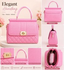 Pink Quilted Small Satchel Top Handle Bag Turn Lock Zip Gold Detachable Strap