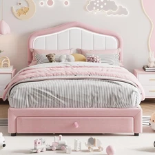 Twin XL Upholstered Bed Frame with Storage Drawer & LED Headboard for Kids/Girls