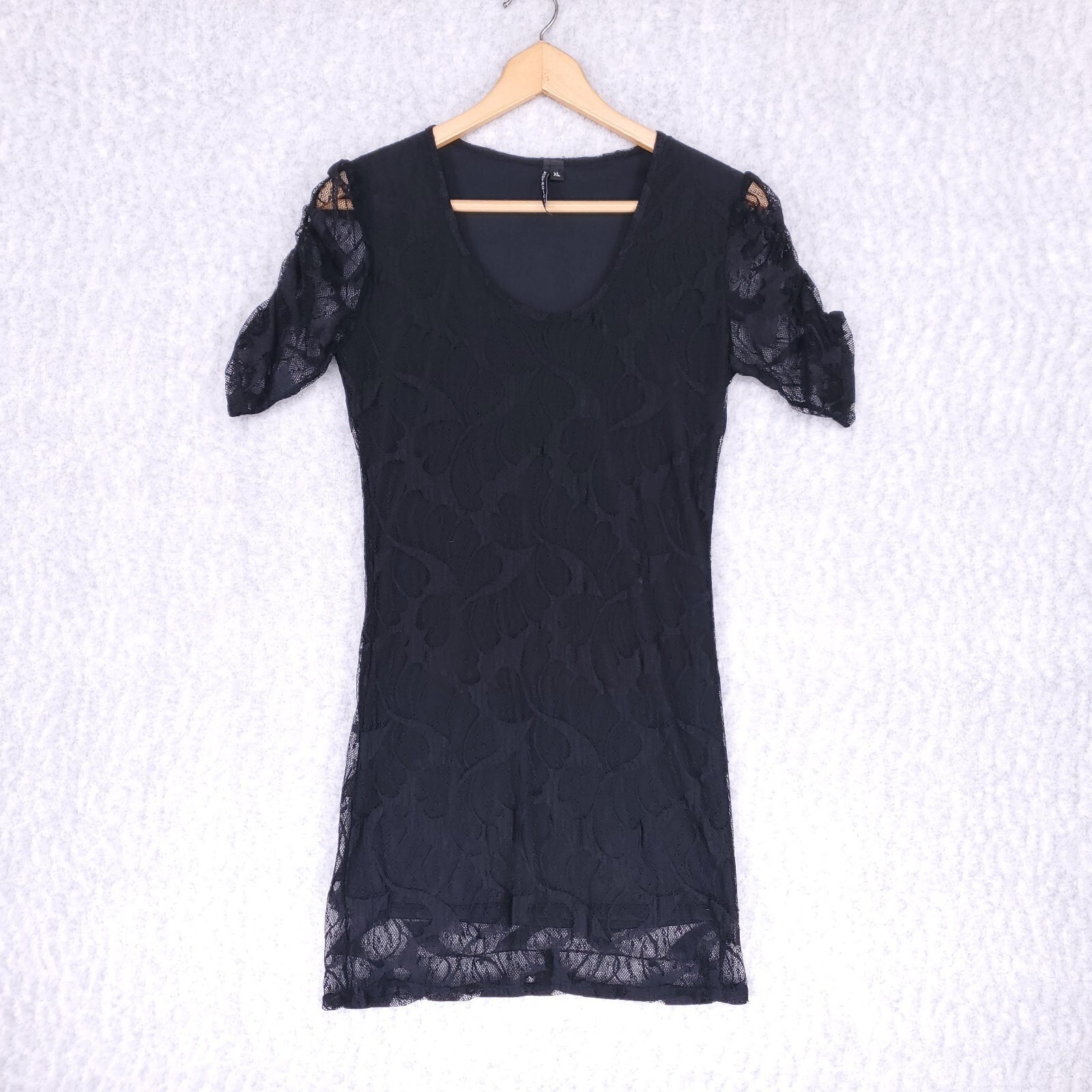 Black Lace Sheath Dress Sz XL Sheer Mesh Ruched **PRICE DROPPING DAILY**
