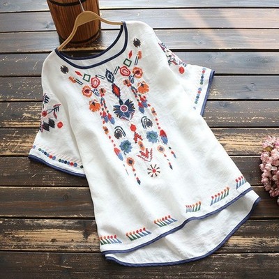 Women s Embroidered Flowers Cotton Linen Blouse   Casual Summer Boho Top Hot