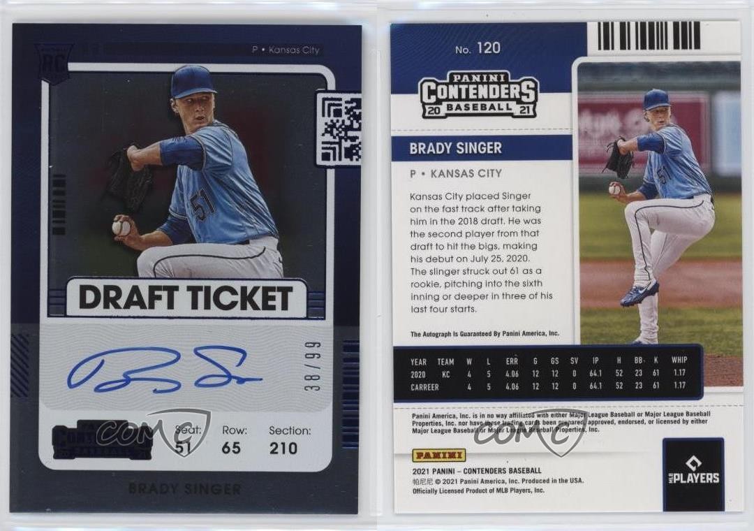 2021 Panini Contenders Rookie Draft Ticket Blue 38/99 Brady Singer #120 Auto 9x7 view 3
