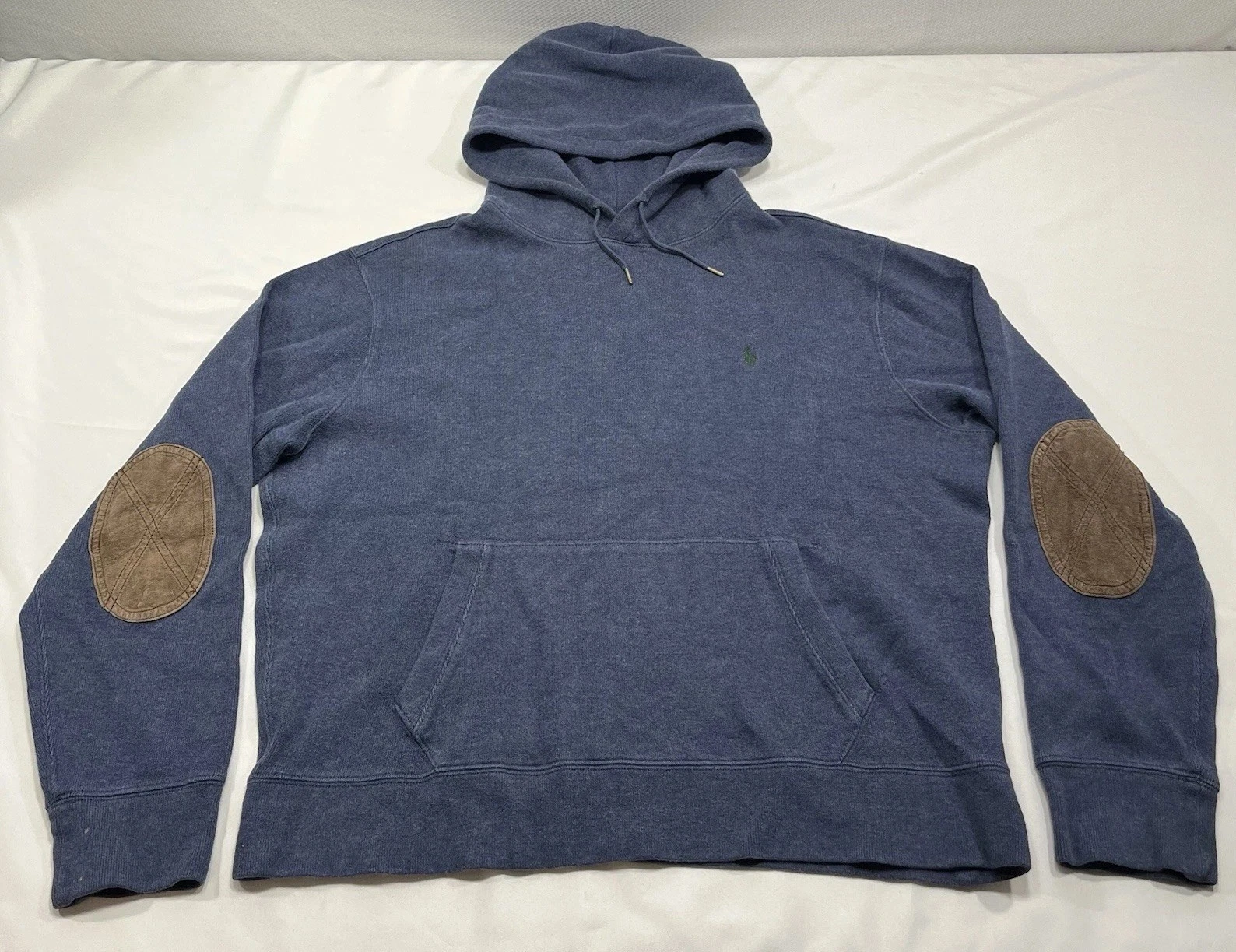 Vintage Polo Ralph Lauren Hoodie Xl Blue Elbow Patches Thermal Sweatshirt READ**