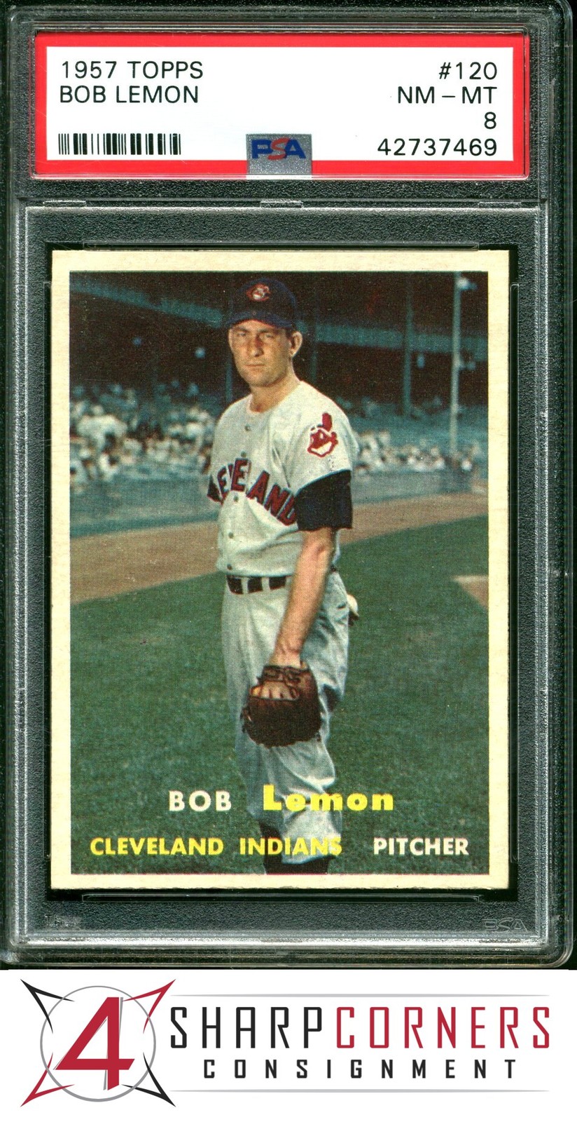 1957 TOPPS #120 BOB LEMON INDIANS HOF PSA 8