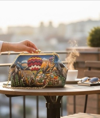 Anuschka Hot Air Balloon Hand-Painted Leather Kiss Lock Clutch Crossbody Purse