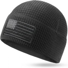 Grid Fleece Beanie with American Flag Embroidery Waffle Tactical Army Militar...