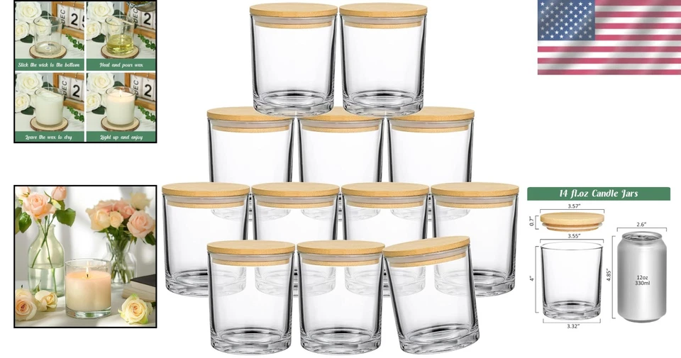 Dishwasher Safe 14oz Glass Candle Jars - 12 Pack with Biodegradable Bamboo Lids - Image 2 of 4