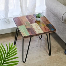 Greenage Reclaimed Wood Side Table with Carving Square Hairpin Legs End Table