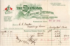 rare1910 billhead DIAMOND BOTTLING CORP WATERBURY CONNECTICUT DIAMOND GINGER ALE